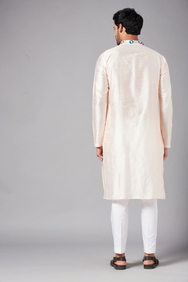 Gajanan — Peach Embroidered Falling Raw Silk Kurta