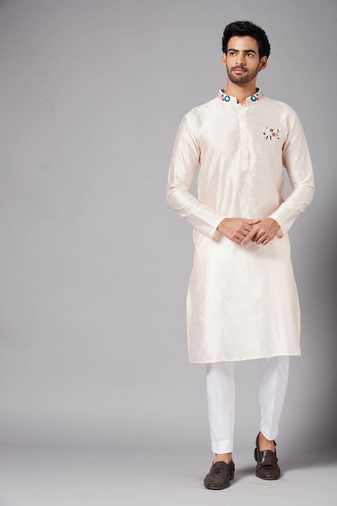 Gajanan — Peach Embroidered Falling Raw Silk Kurta
