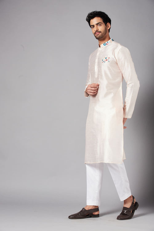 Gajanan — Peach Embroidered Falling Raw Silk Kurta