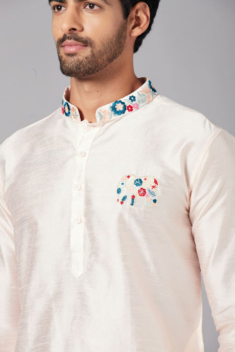 Gajanan — Peach Embroidered Falling Raw Silk Kurta