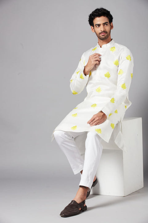 Mogra — White Embroidered Linen Satin Kurta