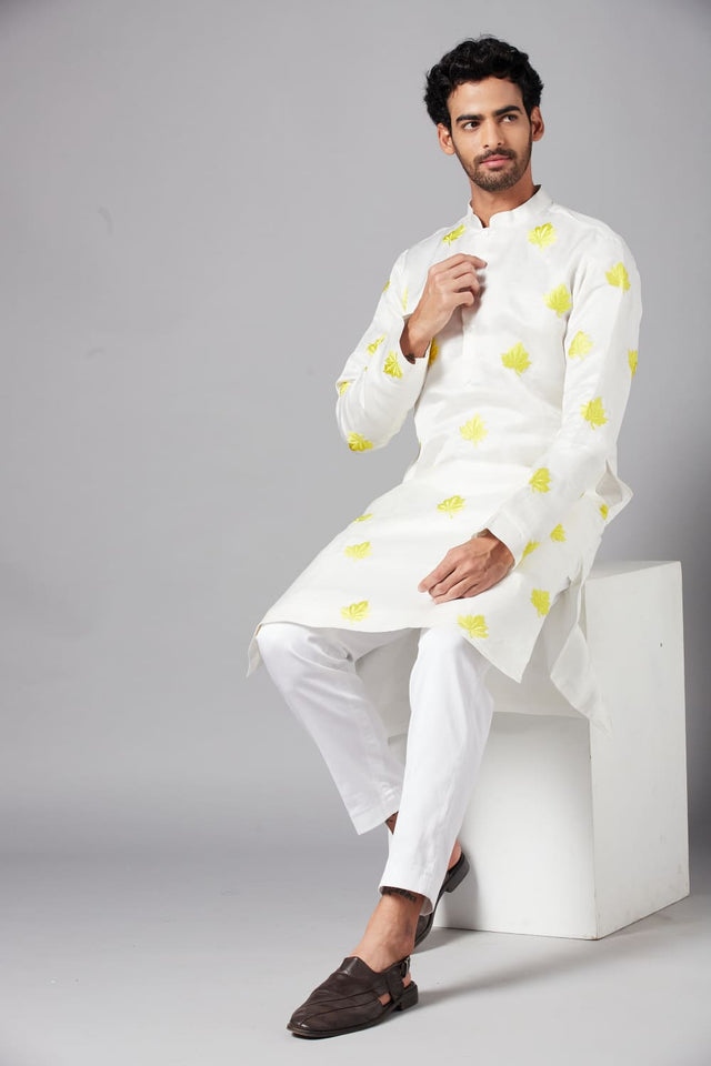 Mogra — White Embroidered Falling Raw Silk Kurta