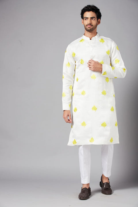 Mogra — White Embroidered Falling Raw Silk Kurta