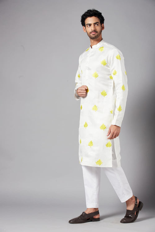 Mogra — White Embroidered Linen Satin Kurta