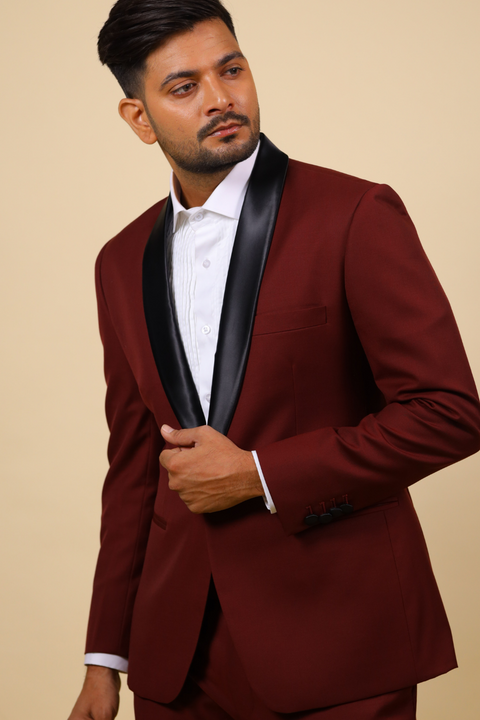 Burgundy Designer Tuxedo With Black Satin Lapels