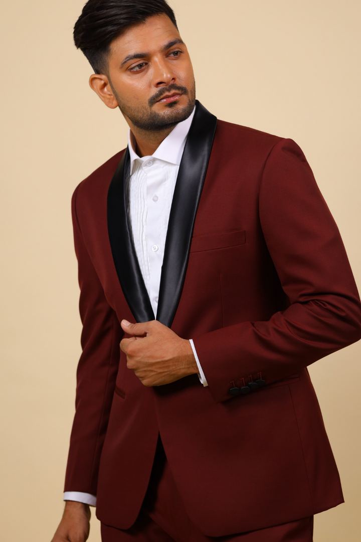 Burgundy Designer Tuxedo with Black Satin Lapels