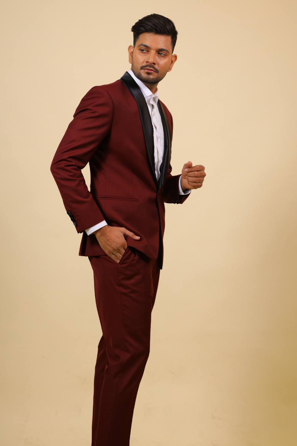 Burgundy Designer Tuxedo with Black Satin Lapels