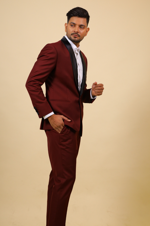 Burgundy Designer Tuxedo With Black Satin Lapels