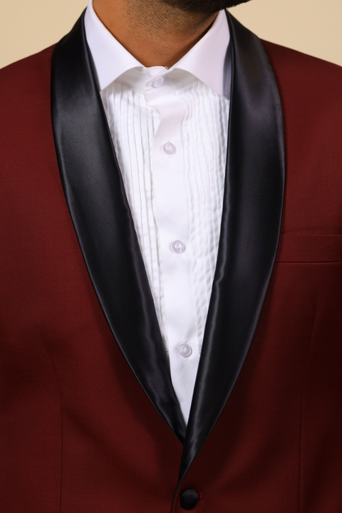 Burgundy Designer Tuxedo With Black Satin Lapels