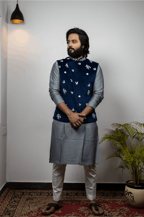 Raunchy — Blue Pearl Embroidered Velvet Nehru Jacket