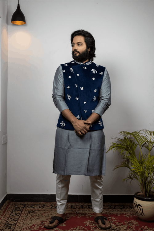 Raunchy — Blue Pearl Embroidered Velvet Nehru Jacket