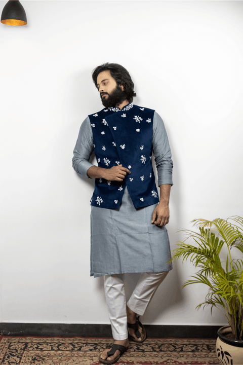 Raunchy — Blue Pearl Embroidered Velvet Nehru Jacket