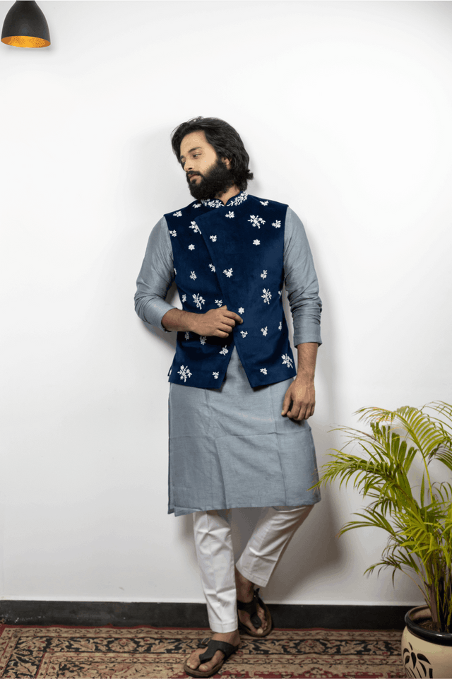Raunchy — Blue Pearl Embroidered Velvet Nehru Jacket