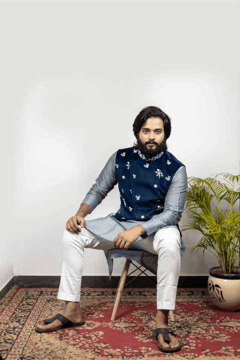 Raunchy — Blue Pearl Embroidered Velvet Nehru Jacket