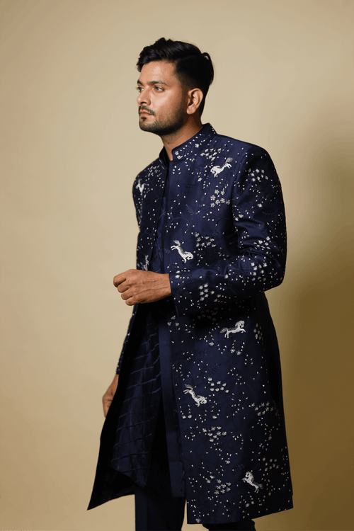 Flying Unicorn — Navy Blue Hand Embroidered Dupion Silk Indo-Western Set