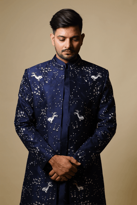 Flying Unicorn — Navy Blue Hand Embroidered Dupion Silk Indo-Western Set