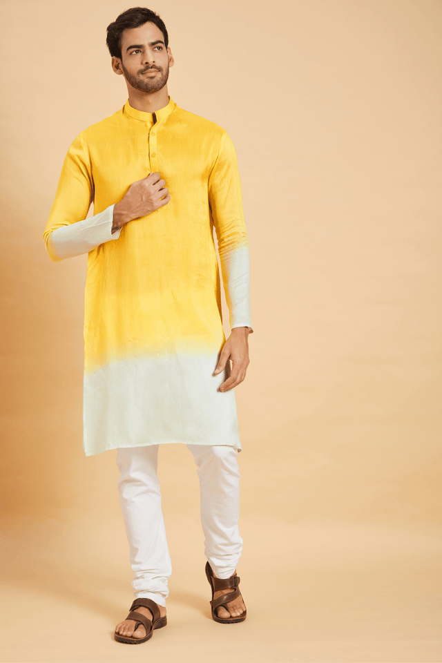 Lahza — Yellow Ombre Falling Raw Silk Kurta