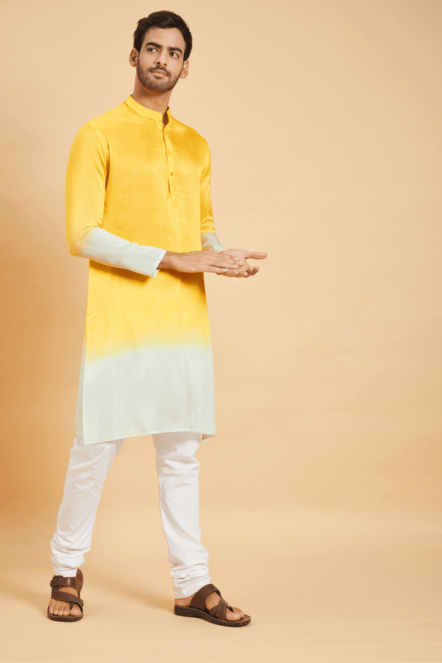Lahza — Yellow Ombre Falling Raw Silk Kurta