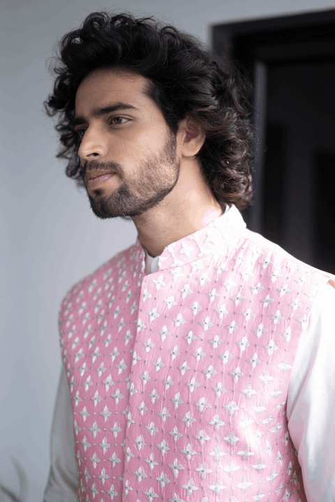 Light Pink — Pink Thread Embroidered Dupion Silk Nehru Jacket