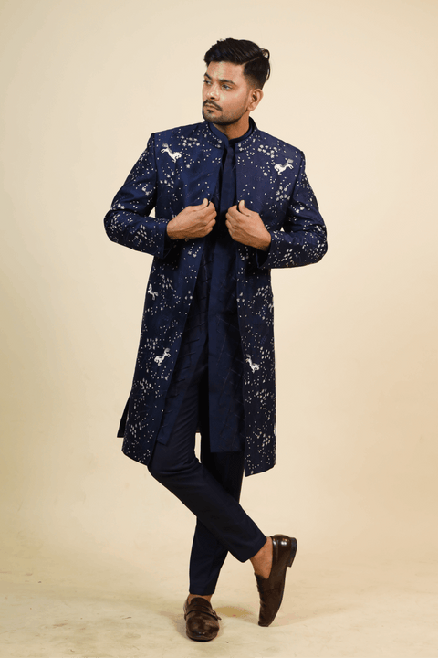 Flying Unicorn — Navy Blue Hand Embroidered Dupion Silk Indo-Western Set