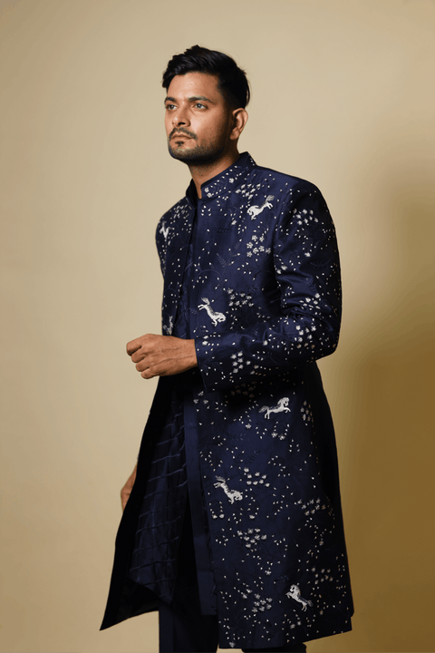 Flying Unicorn — Navy Blue Hand Embroidered Dupion Silk Indo-Western Set