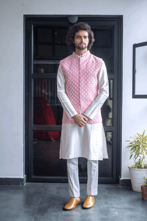 Light Pink — Pink Thread Embroidered Dupion Silk Nehru Jacket