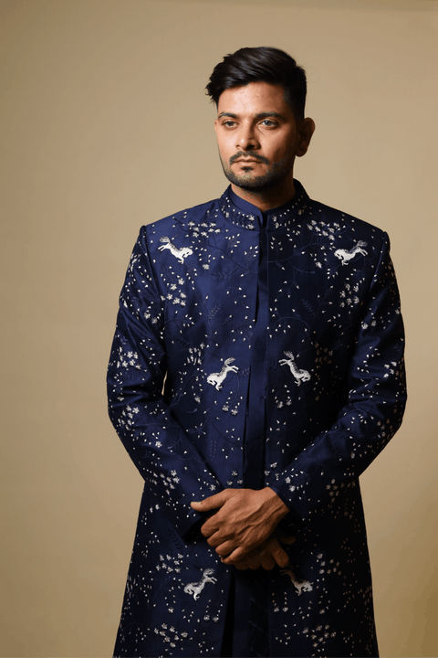 Flying Unicorn — Navy Blue Hand Embroidered Dupion Silk Indo-Western Set