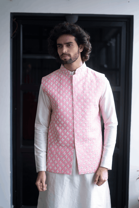 Light Pink — Pink Thread Embroidered Dupion Silk Nehru Jacket