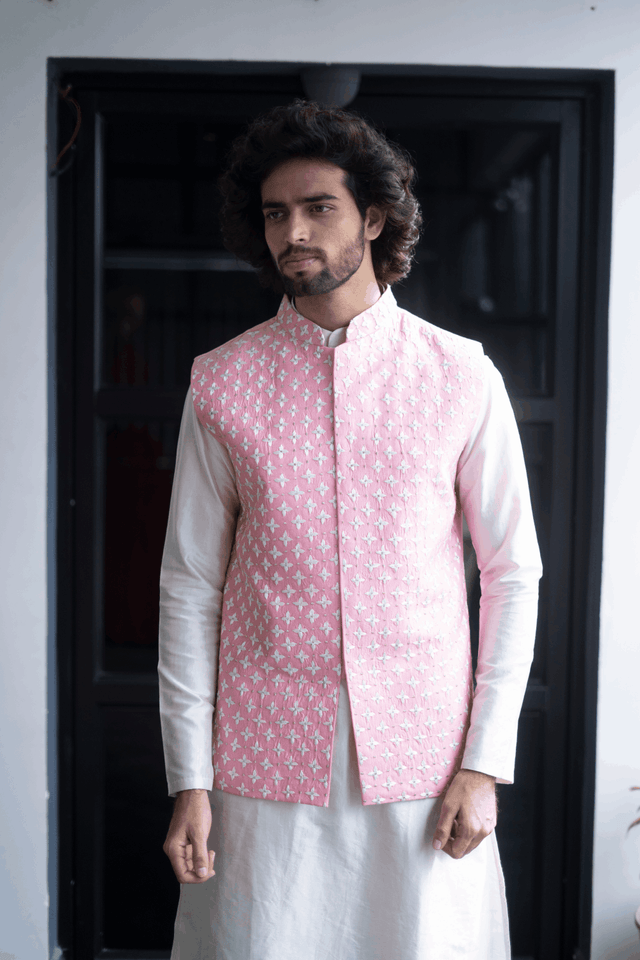 Light Pink — Pink Thread Embroidered Dupion Silk Nehru Jacket