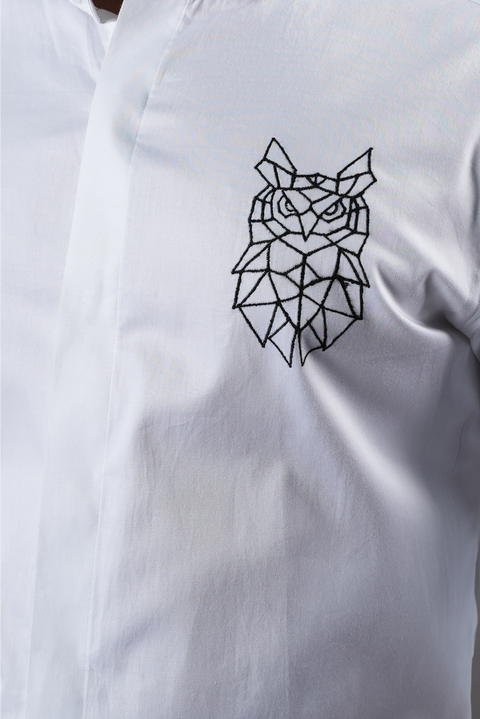 Bianco Owl Shirt — White Owl Embroidered Cotton Satin Shirt