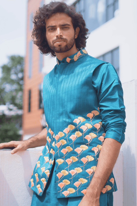 Peacock Blue — Blue Thread Embroidered Dupion Silk Nehru Jacket