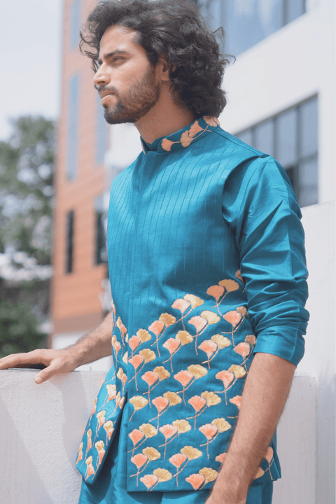 Peacock Blue — Blue Thread Embroidered Dupion Silk Nehru Jacket