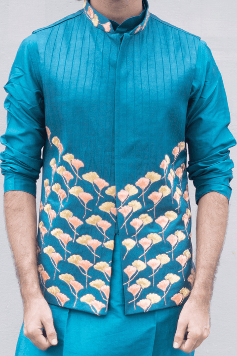 Peacock Blue — Blue Thread Embroidered Dupion Silk Nehru Jacket
