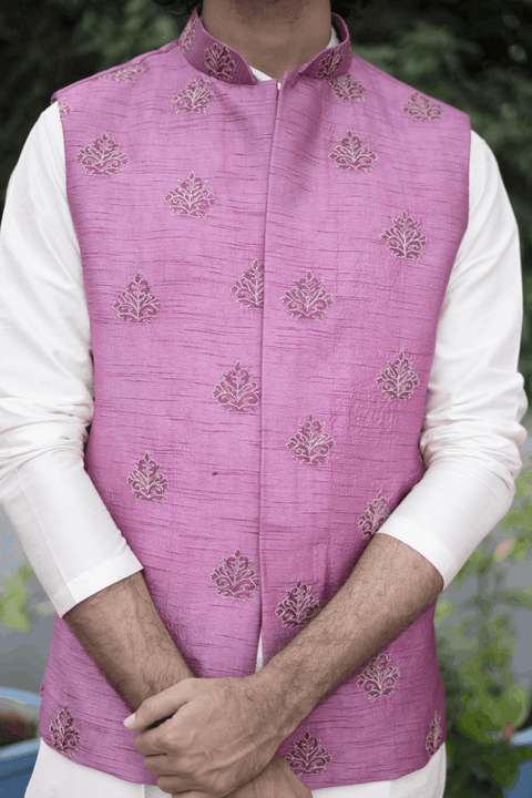 Mauve — Purple Mauve Thread Embroidered Semi Raw Silk Nehru Jacket