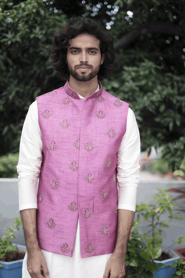Mauve — Purple Mauve Thread Embroidered Semi Raw Silk Nehru Jacket