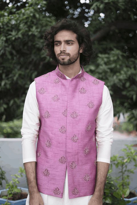 Mauve — Purple Mauve Thread Embroidered Semi Raw Silk Nehru Jacket