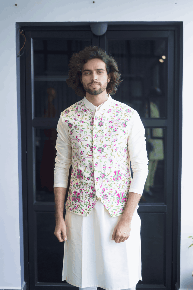 Off-White Nehru Jacket — White Thread Embroidered Semi Raw Silk