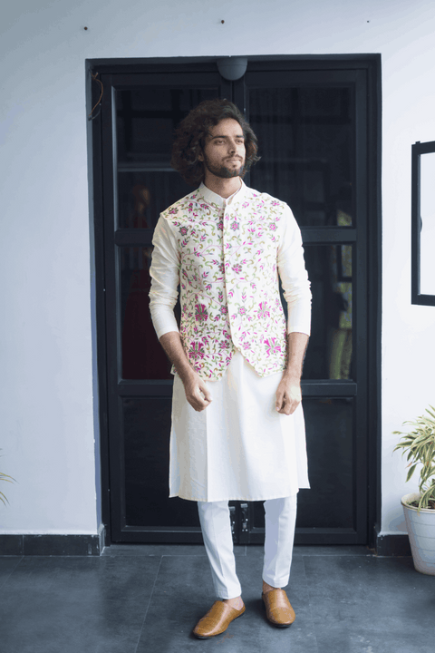 Off-White Nehru Jacket — White Thread Embroidered Semi Raw Silk