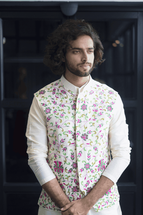 Off-White Nehru Jacket — White Thread Embroidered Semi Raw Silk