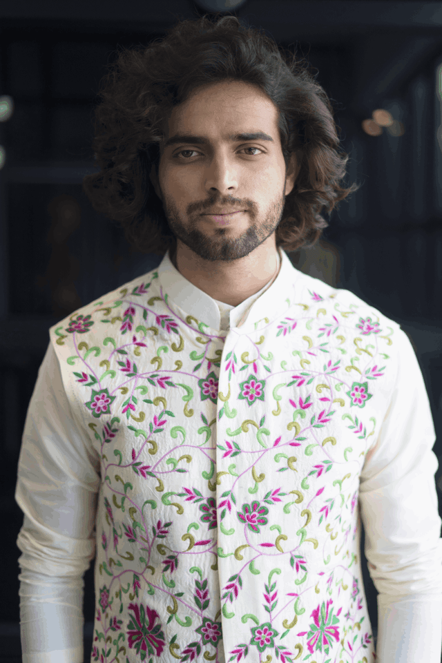 Off-White Nehru Jacket — White Thread Embroidered Semi Raw Silk