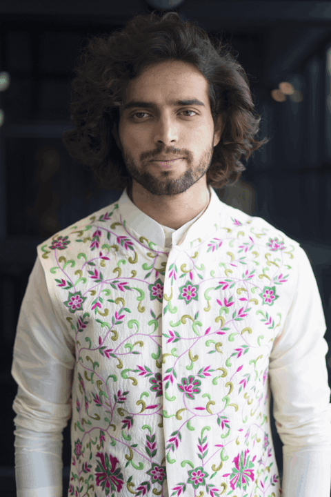 Off-White Nehru Jacket — White Thread Embroidered Semi Raw Silk