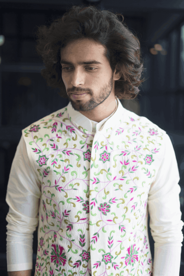 Off-White Nehru Jacket — White Thread Embroidered Semi Raw Silk