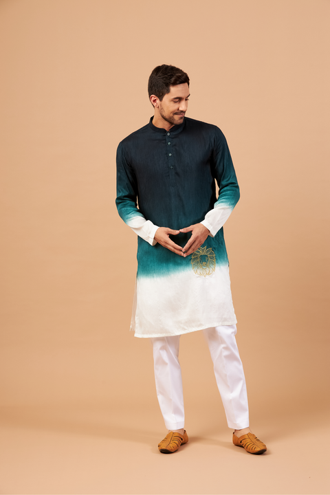 Leonine — Green Ombre Embroidered Falling Raw Silk Kurta