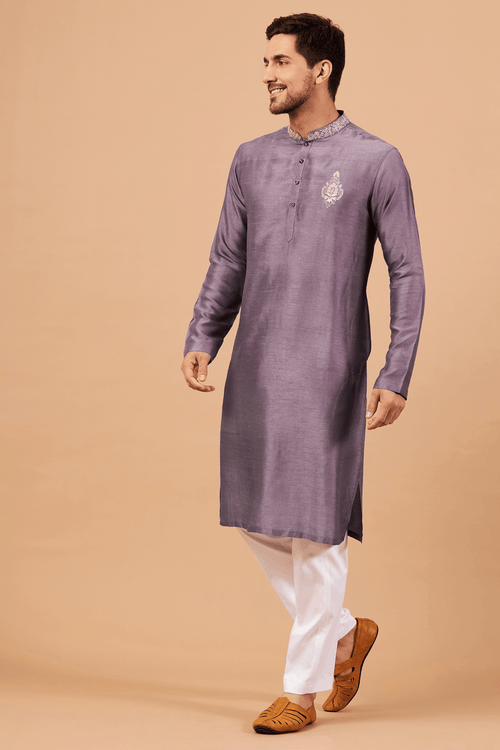 Inara — Violet Embroidered Falling Raw Silk Kurta