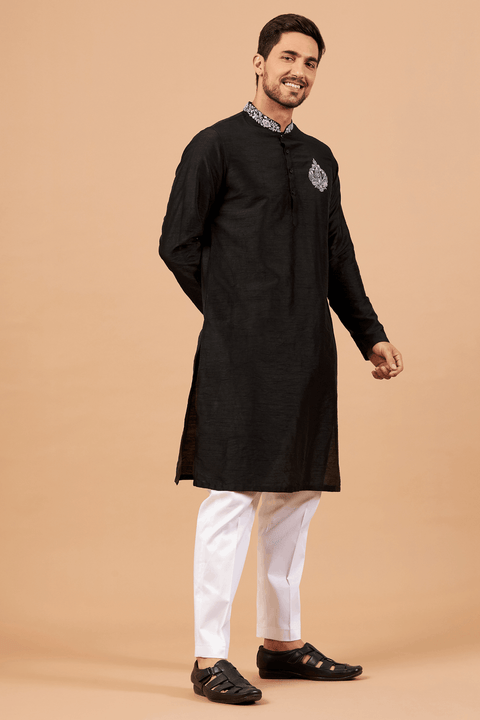 Amyr — Black Embroidered Falling Raw Silk Kurta