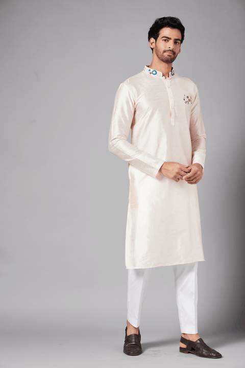 Gajanan — Peach Embroidered Falling Raw Silk Kurta