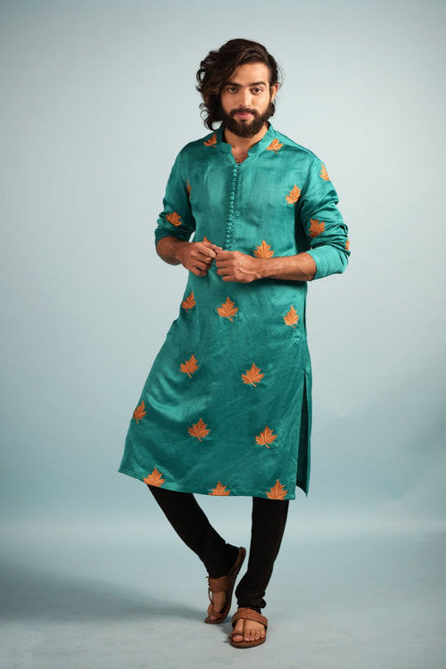 Green — Green Leaf Embroidered Linen Satin Kurta