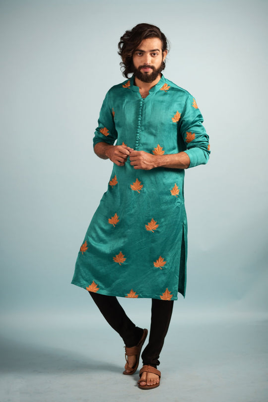 Green — Green Leaf Embroidered Linen Satin Kurta