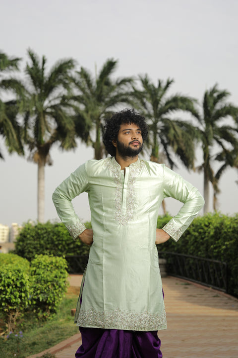 Anvi — Light Green Zardozi Embroidered Dupion Silk Kurta Set