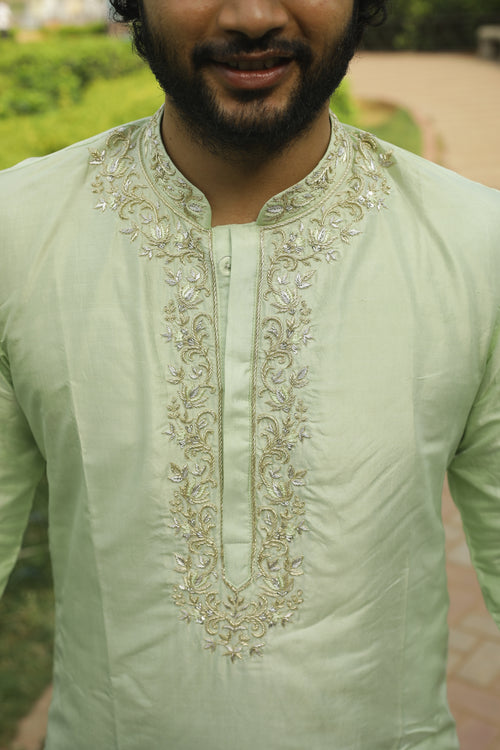 Anvi — Light Green Zardozi Embroidered Dupion Silk Kurta Set